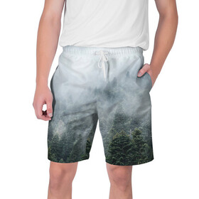 Мужские шорты 3D с принтом Туманный лес в Кировске,  полиэстер 100% | прямой крой, два кармана без застежек по бокам. Мягкая трикотажная резинка на поясе, внутри которой широкие завязки. Длина чуть выше колен | белый | зеленый | лес | облака | облако | природа | темный | туман