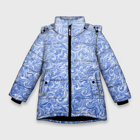 Зимняя куртка для девочек 3D с принтом Волны на голубом фоне в Кировске, ткань верха — 100% полиэстер; подклад — 100% полиэстер, утеплитель — 100% полиэстер. | длина ниже бедра, удлиненная спинка, воротник стойка и отстегивающийся капюшон. Есть боковые карманы с листочкой на кнопках, утяжки по низу изделия и внутренний карман на молнии. 

Предусмотрены светоотражающий принт на спинке, радужный светоотражающий элемент на пуллере молнии и на резинке для утяжки. | textures | абстракция | белый | вода | водный | водяной | волны | дудл | дудлинг | завитки | загогулини | линии | морской | полосы | текстуры | фон
