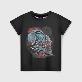 Детская футболка 3D с принтом Dino Punk в Кировске, 100% гипоаллергенный полиэфир | прямой крой, круглый вырез горловины, длина до линии бедер, чуть спущенное плечо, ткань немного тянется | art | dinosaur | mohawk | moon | punk | арт | динозавр | животные | ирокез | картинка | луна | панк | рисунок