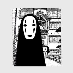 Тетрадь с принтом No-Face Spirited Away Ghibli в Кировске, 100% бумага | 48 листов, плотность листов — 60 г/м2, плотность картонной обложки — 250 г/м2. Листы скреплены сбоку удобной пружинной спиралью. Уголки страниц и обложки скругленные. Цвет линий — светло-серый
 | Тематика изображения на принте: ghibli | hayao miyazaki | no face | spirited away | studio ghibli | аниме | безликий | гибли | манга | унесенные призраками