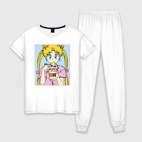 Женская пижама хлопок с принтом Sailor Moon Usagi Tsukino в Кировске, 100% хлопок | брюки и футболка прямого кроя, без карманов, на брюках мягкая резинка на поясе и по низу штанин | Тематика изображения на принте: anime | kawaii | manga | sailor moon | sailor senshi | usagi tsukino | аниме | воин в матроске | манга | сейлор мун | усаги цукино