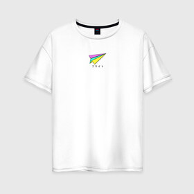 Женская футболка хлопок Oversize с принтом Бумажный самолетик в Кировске, 100% хлопок | свободный крой, круглый ворот, спущенный рукав, длина до линии бедер
 | бумажный самолёт | иероглифы | надпись на японском | оригами | радуга | самолётик | цветной