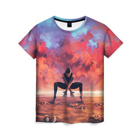 Женская футболка 3D с принтом Танцовщица крабы закат море в Кировске, 100% полиэфир ( синтетическое хлопкоподобное полотно) | прямой крой, круглый вырез горловины, длина до линии бедер | арт | закат | иллюстрация | крабы | море | небо | песок | пляж | рассвет | рисунок | танец | танцовщица | управление