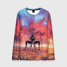 Мужской лонгслив 3D с принтом Танцовщица крабы закат море в Кировске, 100% полиэстер | длинные рукава, круглый вырез горловины, полуприлегающий силуэт | арт | закат | иллюстрация | крабы | море | небо | песок | пляж | рассвет | рисунок | танец | танцовщица | управление