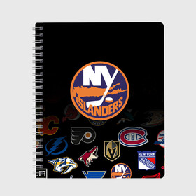 Тетрадь с принтом NHL New York Islanders (Z) в Кировске, 100% бумага | 48 листов, плотность листов — 60 г/м2, плотность картонной обложки — 250 г/м2. Листы скреплены сбоку удобной пружинной спиралью. Уголки страниц и обложки скругленные. Цвет линий — светло-серый
 | Тематика изображения на принте: 