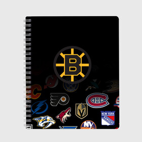 Тетрадь с принтом NHL Boston Bruins (Z) в Кировске, 100% бумага | 48 листов, плотность листов — 60 г/м2, плотность картонной обложки — 250 г/м2. Листы скреплены сбоку удобной пружинной спиралью. Уголки страниц и обложки скругленные. Цвет линий — светло-серый
 | anaheim ducks | arizona coyotes | boston bruins | buffalo sabres | calgary flames | canadiens de montreal | carolina hurricanes | chicago blackhawks | colorado | hockey | nhl | нхл | паттерн | спорт | хоккей