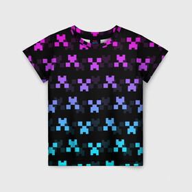 Детская футболка 3D с принтом MINECRAFT CREEPER NEON в Кировске, 100% гипоаллергенный полиэфир | прямой крой, круглый вырез горловины, длина до линии бедер, чуть спущенное плечо, ткань немного тянется | block | creeper | cube | minecraft | neon | pixel | блок | геометрия | крафт | крипер | кубики | майнкрафт | неон | пиксели