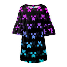 Детское платье 3D с принтом MINECRAFT CREEPER NEON в Кировске, 100% полиэстер | прямой силуэт, чуть расширенный к низу. Круглая горловина, на рукавах — воланы | block | creeper | cube | minecraft | neon | pixel | блок | геометрия | крафт | крипер | кубики | майнкрафт | неон | пиксели