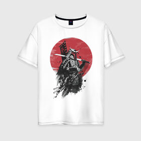 Женская футболка хлопок Oversize с принтом Японский самурай в Кировске, 100% хлопок | свободный крой, круглый ворот, спущенный рукав, длина до линии бедер
 | белый | воен | катана | красный | меч | пепел | самурай | флаг | черный | япония