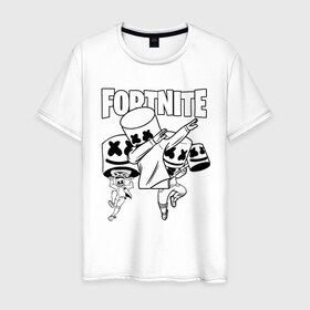 Мужская футболка хлопок с принтом FORTNITE x MARSHMELLO в Кировске, 100% хлопок | прямой крой, круглый вырез горловины, длина до линии бедер, слегка спущенное плечо. | Тематика изображения на принте: deadmau5 | fortnite | fortnite 2 | fortnite x маршмелло | ikonik | marshmello | ninja | ninja streamer | raven | travis scott | ворон | иконик | ниндзя | пили | рейвен | трэвис скотт | фортнайт