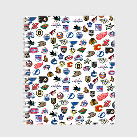 Тетрадь с принтом NHL PATTERN (Z) в Кировске, 100% бумага | 48 листов, плотность листов — 60 г/м2, плотность картонной обложки — 250 г/м2. Листы скреплены сбоку удобной пружинной спиралью. Уголки страниц и обложки скругленные. Цвет линий — светло-серый
 | Тематика изображения на принте: anaheim ducks | arizona coyotes | boston bruins | buffalo sabres | calgary flames | canadiens de montreal | carolina hurricanes | chicago blackhawks | colorado | hockey | nhl | нхл | паттерн | спорт | хоккей
