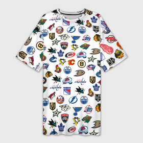 Платье-футболка 3D с принтом NHL PATTERN | НХЛ (Z) в Кировске,  |  | anaheim ducks | arizona coyotes | boston bruins | buffalo sabres | calgary flames | canadiens de montreal | carolina hurricanes | chicago blackhawks | colorado | hockey | nhl | нхл | паттерн | спорт | хоккей