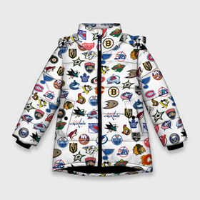 Зимняя куртка для девочек 3D с принтом NHL PATTERN (Z) в Кировске, ткань верха — 100% полиэстер; подклад — 100% полиэстер, утеплитель — 100% полиэстер. | длина ниже бедра, удлиненная спинка, воротник стойка и отстегивающийся капюшон. Есть боковые карманы с листочкой на кнопках, утяжки по низу изделия и внутренний карман на молнии. 

Предусмотрены светоотражающий принт на спинке, радужный светоотражающий элемент на пуллере молнии и на резинке для утяжки. | anaheim ducks | arizona coyotes | boston bruins | buffalo sabres | calgary flames | canadiens de montreal | carolina hurricanes | chicago blackhawks | colorado | hockey | nhl | нхл | паттерн | спорт | хоккей