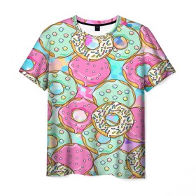 Мужская футболка 3D с принтом Пончики в Кировске, 100% полиэфир | прямой крой, круглый вырез горловины, длина до линии бедер | blue | pink | арт | голубая | гомер | девушке | детская | еда | красивая | летняя | липкая | парню | подарок | пончик | пончики | пп | прикольная | противная | ребёнку | розовая | светлая | текстура | цветная