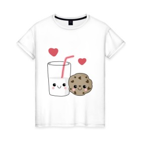 Женская футболка хлопок с принтом Milk and Cookies Love в Кировске, 100% хлопок | прямой крой, круглый вырез горловины, длина до линии бедер, слегка спущенное плечо | coockie | friend | minimalism | дружба | любовь | минимализм | молоко | печенье | печенька | печеньки