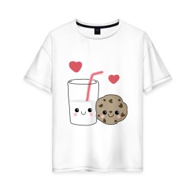 Женская футболка хлопок Oversize с принтом Milk and Cookies Love в Кировске, 100% хлопок | свободный крой, круглый ворот, спущенный рукав, длина до линии бедер
 | coockie | friend | minimalism | дружба | любовь | минимализм | молоко | печенье | печенька | печеньки