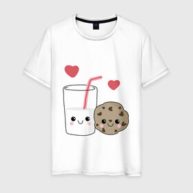 Мужская футболка хлопок с принтом Milk and Cookies Love в Кировске, 100% хлопок | прямой крой, круглый вырез горловины, длина до линии бедер, слегка спущенное плечо. | Тематика изображения на принте: coockie | friend | minimalism | дружба | любовь | минимализм | молоко | печенье | печенька | печеньки