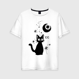 Женская футболка хлопок Oversize с принтом Jiji Cat в Кировске, 100% хлопок | свободный крой, круглый ворот, спущенный рукав, длина до линии бедер
 | cat | jiji | kitty | аниме | ведьма | гибли | джиджи | животные | кот | котенок | кошка | миядзаки | мульт | мультфильм | тоторо