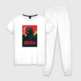 Женская пижама хлопок с принтом Godzilla в Кировске, 100% хлопок | брюки и футболка прямого кроя, без карманов, на брюках мягкая резинка на поясе и по низу штанин | godzilla | годзила | годзилла