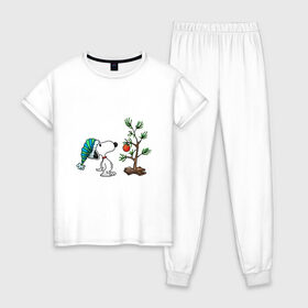 Женская пижама хлопок с принтом Снупи и ёлка в Кировске, 100% хлопок | брюки и футболка прямого кроя, без карманов, на брюках мягкая резинка на поясе и по низу штанин | 