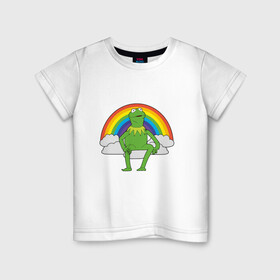 Детская футболка хлопок с принтом Лягушонок Кермит в Кировске, 100% хлопок | круглый вырез горловины, полуприлегающий силуэт, длина до линии бедер | rainbow | герой | животные | зелёный | кермит | лягушка | мультик | мультфильм | персонаж | радуга | улица сезам | цветной