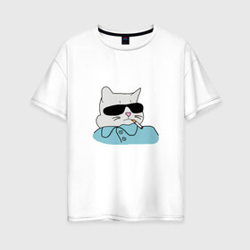 Женская футболка хлопок Oversize с принтом Крутой кот в Кировске, 100% хлопок | свободный крой, круглый ворот, спущенный рукав, длина до линии бедер
 | mem | арт | животные | картинка | кот в очках | котик | кошка | мем | прикол | рисунок | смешной кот