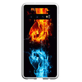 Чехол для Samsung Galaxy S10 с принтом Огонь и Вода (противостояние) в Кировске, Силикон | Область печати: задняя сторона чехла, без боковых панелей | dark | битва | битваогней | бокс | борьба | брызги | вода | волна | дракон | иньянь | искры | крутой | лед | мужчинам | неоновый | огненный | огонь | пламенный | пламя | притяжение | против