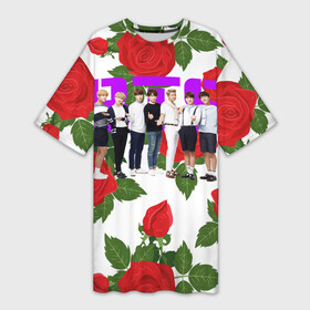 Платье-футболка 3D с принтом BTS Roses | White в Кировске,  |  | bangtan boys | bt21 | bts | bts army | j hope | jimin | jin | jungkook | k pop | korea | korean | pink bts | rap monster | rapmon | suga | v | бтс | кей | корейские | корея | кэй | музыканты | поп | розовая | стикеры