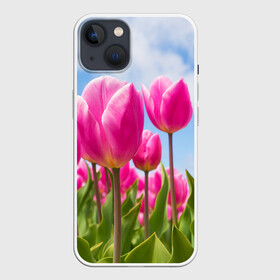 Чехол для iPhone 13 с принтом Розовые тюльпаны в Кировске,  |  | flowers | бутоны | дача | девушке | женщинам | лепестки | летний | лето | листья | любимая | любовь | небесный | небо | нежный | облака | поляна | природа | растения | романтика | сад | синеенебо | солнечный