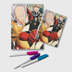 Блокнот с принтом One Punch Man в Кировске, 100% бумага | 48 листов, плотность листов — 60 г/м2, плотность картонной обложки — 250 г/м2. Листы скреплены удобной пружинной спиралью. Цвет линий — светло-серый
 | Тематика изображения на принте: one punch man | saitama | ванпанчмен | герои | люди | персонажи | сайтама