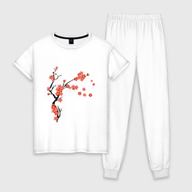 Женская пижама хлопок с принтом Красная сакура в Кировске, 100% хлопок | брюки и футболка прямого кроя, без карманов, на брюках мягкая резинка на поясе и по низу штанин | весна | ветка | дерево | красный | лето | распустились цветы | сакура | цветет