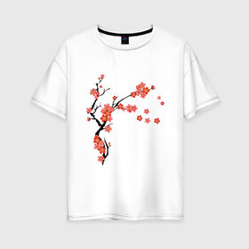 Женская футболка хлопок Oversize с принтом Красная сакура в Кировске, 100% хлопок | свободный крой, круглый ворот, спущенный рукав, длина до линии бедер
 | весна | ветка | дерево | красный | лето | распустились цветы | сакура | цветет