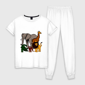Женская пижама хлопок с принтом Африка в Кировске, 100% хлопок | брюки и футболка прямого кроя, без карманов, на брюках мягкая резинка на поясе и по низу штанин | африка | детские | животные | жираф | звери | зоопарк | картинки | крокодил | лев | мультфильмы | обезьяна | прикольные | природа | слон