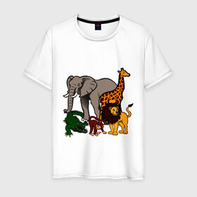 Мужская футболка хлопок с принтом Африка в Кировске, 100% хлопок | прямой крой, круглый вырез горловины, длина до линии бедер, слегка спущенное плечо. | африка | детские | животные | жираф | звери | зоопарк | картинки | крокодил | лев | мультфильмы | обезьяна | прикольные | природа | слон