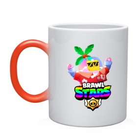 Кружка хамелеон с принтом BRAWL STARS TROPICAL SPROUT. в Кировске, керамика | меняет цвет при нагревании, емкость 330 мл | Тематика изображения на принте: brawl stars | crow | gale | leon | leon shark | max | mr.p | sally leon | shark | sprout | tara | tropical sprout | virus 8 bit | werewolf leon | акула | берли | бравл старс | ворон | макс | оборотень