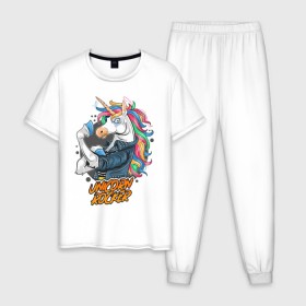 Мужская пижама хлопок с принтом Unicorn Rocker в Кировске, 100% хлопок | брюки и футболка прямого кроя, без карманов, на брюках мягкая резинка на поясе и по низу штанин
 | art | rock | rocker | unicorn | арт | единорог | животные | картинка | рисунок | рок | рокер