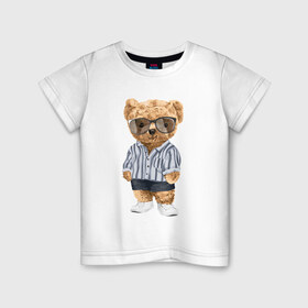Детская футболка хлопок с принтом Модный плюшевый медведь в Кировске, 100% хлопок | круглый вырез горловины, полуприлегающий силуэт, длина до линии бедер | Тематика изображения на принте: арт | животные | игрушка | картинка | крутой медведь | медведь | медвежонок | мишка | мода | модный медведь | плюшевый | плюшевый медведь | рисунок
