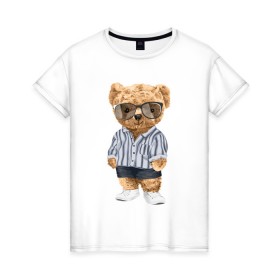 Женская футболка хлопок с принтом Модный плюшевый медведь в Кировске, 100% хлопок | прямой крой, круглый вырез горловины, длина до линии бедер, слегка спущенное плечо | арт | животные | игрушка | картинка | крутой медведь | медведь | медвежонок | мишка | мода | модный медведь | плюшевый | плюшевый медведь | рисунок