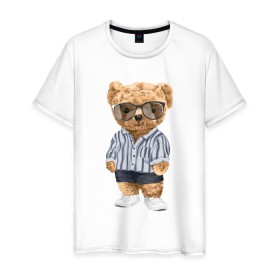 Мужская футболка хлопок с принтом Модный плюшевый медведь в Кировске, 100% хлопок | прямой крой, круглый вырез горловины, длина до линии бедер, слегка спущенное плечо. | арт | животные | игрушка | картинка | крутой медведь | медведь | медвежонок | мишка | мода | модный медведь | плюшевый | плюшевый медведь | рисунок