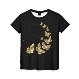 Женская футболка 3D с принтом Golden Butterfly in Space в Кировске, 100% полиэфир ( синтетическое хлопкоподобное полотно) | прямой крой, круглый вырез горловины, длина до линии бедер | black | summer | wings | ангел | бабочка | бабочки | блестки | блестящий | девушке | желтые | животные | звезды | звери | золото | золотые | космос | крылья | летать | летний | лето | мотылек | насекомое | ночные