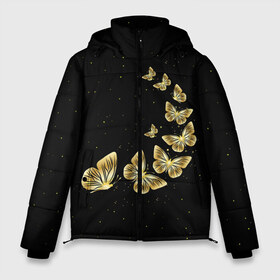 Мужская зимняя куртка 3D с принтом Golden Butterfly in Space в Кировске, верх — 100% полиэстер; подкладка — 100% полиэстер; утеплитель — 100% полиэстер | длина ниже бедра, свободный силуэт Оверсайз. Есть воротник-стойка, отстегивающийся капюшон и ветрозащитная планка. 

Боковые карманы с листочкой на кнопках и внутренний карман на молнии. | Тематика изображения на принте: black | summer | wings | ангел | бабочка | бабочки | блестки | блестящий | девушке | желтые | животные | звезды | звери | золото | золотые | космос | крылья | летать | летний | лето | мотылек | насекомое | ночные