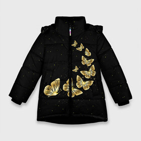 Зимняя куртка для девочек 3D с принтом Golden Butterfly in Space в Кировске, ткань верха — 100% полиэстер; подклад — 100% полиэстер, утеплитель — 100% полиэстер. | длина ниже бедра, удлиненная спинка, воротник стойка и отстегивающийся капюшон. Есть боковые карманы с листочкой на кнопках, утяжки по низу изделия и внутренний карман на молнии. 

Предусмотрены светоотражающий принт на спинке, радужный светоотражающий элемент на пуллере молнии и на резинке для утяжки. | black | summer | wings | ангел | бабочка | бабочки | блестки | блестящий | девушке | желтые | животные | звезды | звери | золото | золотые | космос | крылья | летать | летний | лето | мотылек | насекомое | ночные