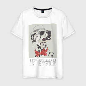 Мужская футболка хлопок с принтом далматинец на стиле в Кировске, 100% хлопок | прямой крой, круглый вырез горловины, длина до линии бедер, слегка спущенное плечо. | арт | бабочка | далматинец | джентльмен | животные | картинка | мода | на моде | очки | пес | рисунок | собака | стиль | стильная собака | шляпа