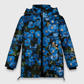 Женская зимняя куртка 3D с принтом Поле синих цветов фиалки лето в Кировске, верх — 100% полиэстер; подкладка — 100% полиэстер; утеплитель — 100% полиэстер | длина ниже бедра, силуэт Оверсайз. Есть воротник-стойка, отстегивающийся капюшон и ветрозащитная планка. 

Боковые карманы с листочкой на кнопках и внутренний карман на молнии | Тематика изображения на принте: голубые цветочки | лето | луг | незабудки | поле | поляна | синие цветы | узор из цветов | фиалки | фото реализм | цветы
