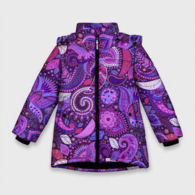 Зимняя куртка для девочек 3D с принтом фиолетовый этнический дудлинг в Кировске, ткань верха — 100% полиэстер; подклад — 100% полиэстер, утеплитель — 100% полиэстер. | длина ниже бедра, удлиненная спинка, воротник стойка и отстегивающийся капюшон. Есть боковые карманы с листочкой на кнопках, утяжки по низу изделия и внутренний карман на молнии. 

Предусмотрены светоотражающий принт на спинке, радужный светоотражающий элемент на пуллере молнии и на резинке для утяжки. | геометрия | дудлинг | дудлы | линии | рисунок | точки | узоры | фигуры | фиолетовый | цветы | этнический