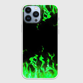 Чехол для iPhone 13 Pro Max с принтом GREEN FIRE | ОГОНЬ в Кировске,  |  | Тематика изображения на принте: abstraction | bright | fire | geometry | hexagon | light | neon | paints | stripes | texture | triangle | абстракция | брызги | геометрия | искры | краски | неон | неоновый | огонь | соты | текстура