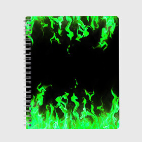 Тетрадь с принтом GREEN FIRE ОГОНЬ в Кировске, 100% бумага | 48 листов, плотность листов — 60 г/м2, плотность картонной обложки — 250 г/м2. Листы скреплены сбоку удобной пружинной спиралью. Уголки страниц и обложки скругленные. Цвет линий — светло-серый
 | abstraction | bright | fire | geometry | hexagon | light | neon | paints | stripes | texture | triangle | абстракция | брызги | геометрия | искры | краски | неон | неоновый | огонь | соты | текстура