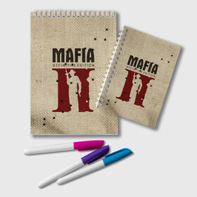 Блокнот с принтом Mafia 2 в Кировске, 100% бумага | 48 листов, плотность листов — 60 г/м2, плотность картонной обложки — 250 г/м2. Листы скреплены удобной пружинной спиралью. Цвет линий — светло-серый
 | Тематика изображения на принте: 2 | 2020 | definitive | edition | mafia | банда | вито | гангстеры | герои | дон | игра | капоне | компьютерная | корлеоне | крестный | культ | мафия | мешковина | настольная | отец | персонаж | фильм