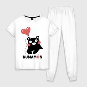 Женская пижама хлопок с принтом Kumamon в Кировске, 100% хлопок | брюки и футболка прямого кроя, без карманов, на брюках мягкая резинка на поясе и по низу штанин | fire | for | glory | hell | japan | kumamon | of course | ofc | satan | the | иероглифы | кумамон | медведь | огонь | пожар | сатана | япония