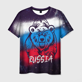 Мужская футболка 3D с принтом Russia Bear в Кировске, 100% полиэфир | прямой крой, круглый вырез горловины, длина до линии бедер | Тематика изображения на принте: 12 июня | bear | marble | russia | грозный медведь | день россии | медведь | мишка | мрамор | мраморная | праздник | россия | страна | триколор | флаг